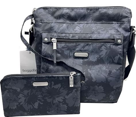 baggallini pocket crossbody bag with rfid-protected wristlet pewter floral|baggallini phone pocket.